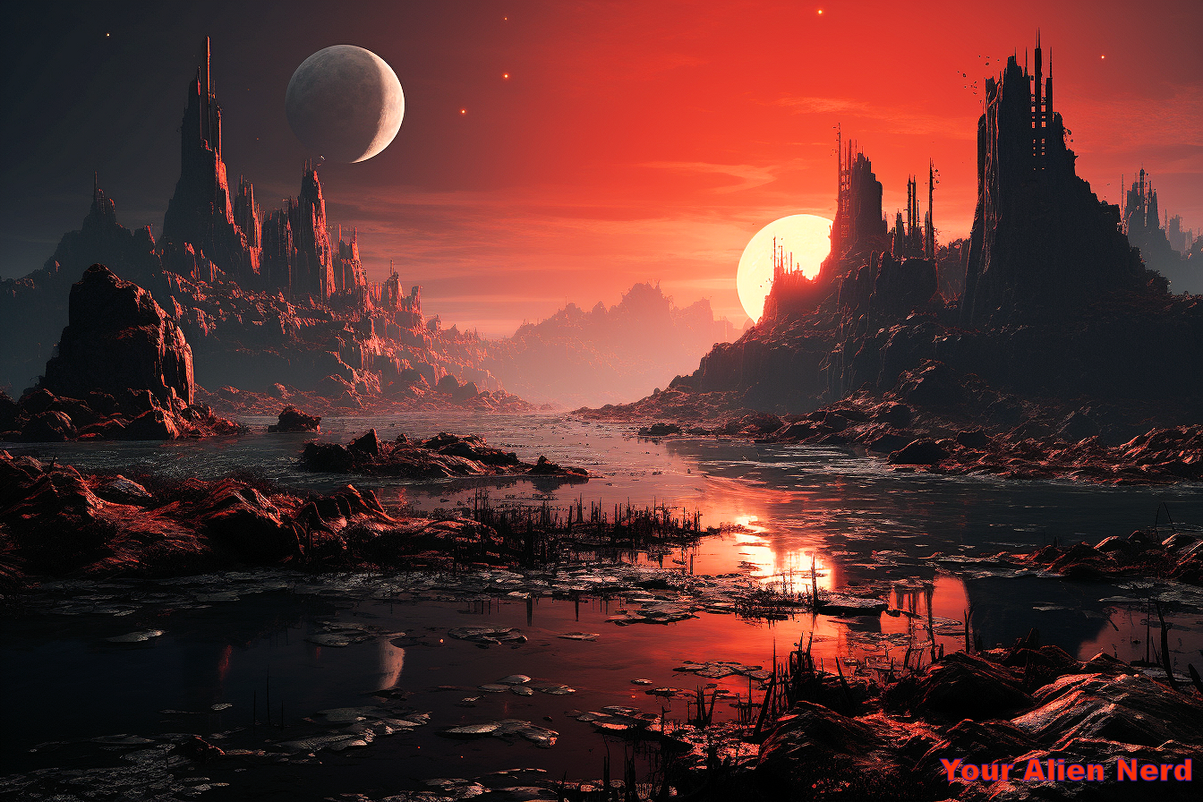 Artist impression (generated with Midjourney AI) of a sunset on Proxima b.