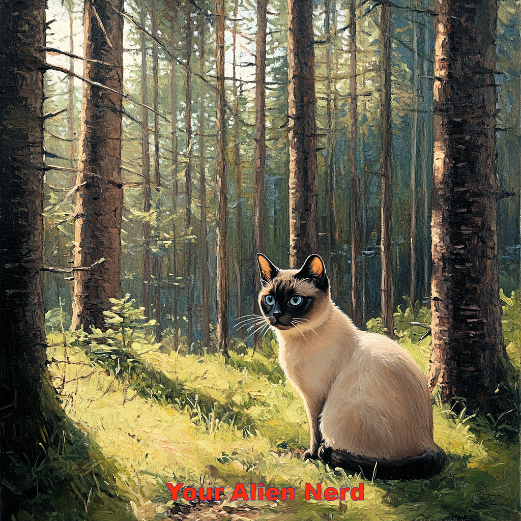 A lovely Siamese cat in a realistic forest.