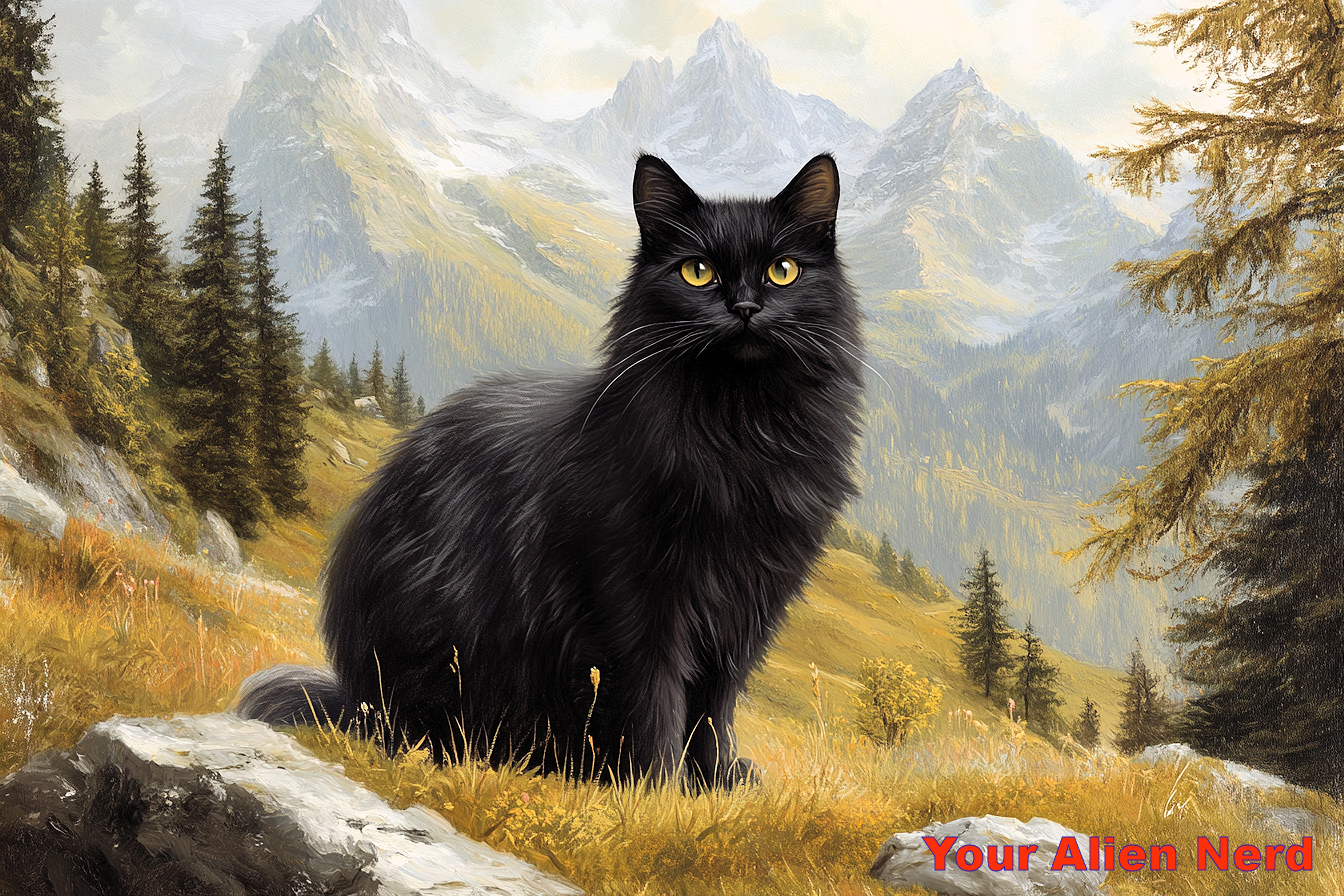 A Lovely Black Cat in a Mountain Setting.
