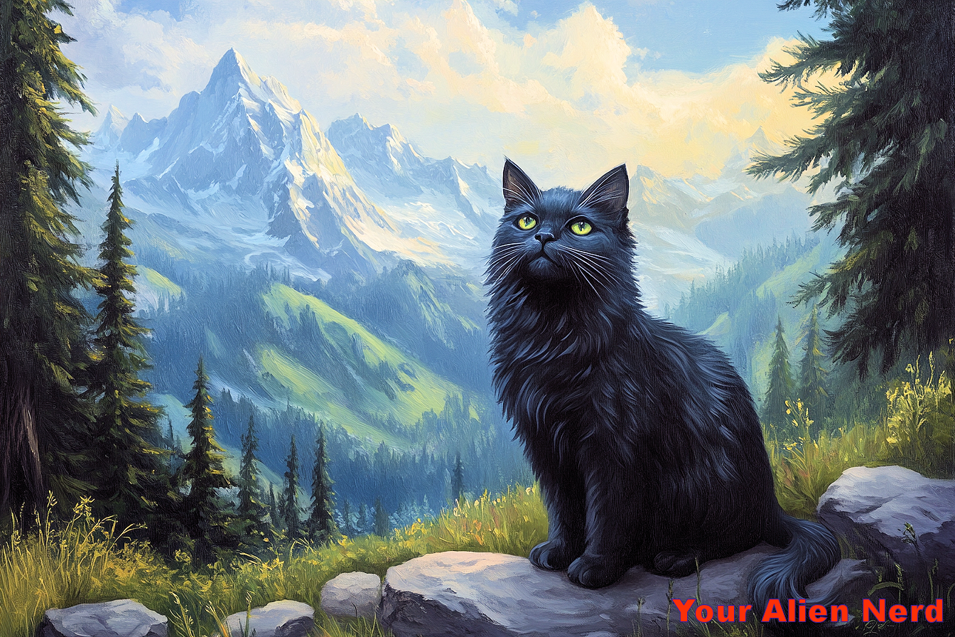 A Lovely Black Cat in a Mountain Setting.