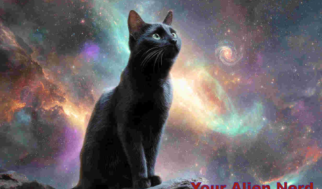 A sleek black cat with glowing eyes sitting atop an asteroid or rocky ledge in deep space, surrounded by distant galaxies, nebulae, and shimmering stars, the cat gazes wisely into the cosmos as if surveying Earth from afar, surreal and mystical atmosphere, soft ambient light, hints of sacred geometry in the background, dreamlike cosmic setting, magical realism meets sci-fi.