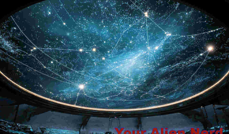 A glowing, three-dimensional star map suspended in deep space, viewed from inside an alien spacecraft, stars connected by luminous lines forming trade routes, central focus on a binary star system resembling Zeta Reticuli, the map appears hand-drawn yet futuristic, hovering in a dark chamber with subtle alien instrumentation, mysterious and ethereal lighting, inspired by Betty Hill’s hypnosis sketches, symbolic and slightly surreal, cosmic cartography aesthetic.