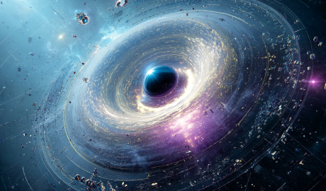 A surreal and dramatic cosmic scene showing a massive black hole surrounded by a luminous accretion disk, with a vast Dyson swarm of advanced alien megastructures orbiting it. The black hole distorts space around it, creating gravitational lensing effects. The swarm includes angular, metallic collectors, translucent energy sails, and glowing orbital platforms. Relativistic jets erupt from the poles into deep space, with some structures harvesting energy from the jet stream. The color palette features deep space blues, intense whites, and eerie purples. Style is cinematic, astrophysically realistic, and awe-inspiring.