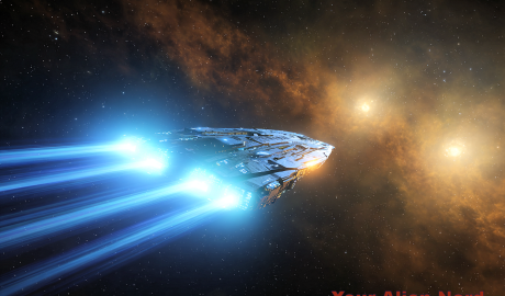 A sleek, advanced relativistic spacecraft traveling at near-light speed, glowing with blue-white ion trails and subtle spacetime distortions, approaching a distant binary star system with twin suns (Zeta Reticuli I and II), the stars glowing in pale gold and cool white, backdrop of deep space with nebulae and scattered stars, cinematic lighting, sense of scale and isolation, realistic hard science fiction aesthetic.