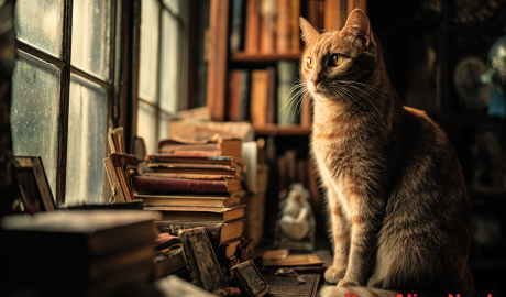 A moody, dramatic indoor scene with a cat perched high on a tall, cluttered bookshelf, glaring down with narrowed, judging eyes, tail twitching slowly, ambient light casting long shadows across vintage books and scattered objects, cozy but slightly tense atmosphere, warm tones with cinematic contrast, subtle dust particles in the air, soft window light filtering in from the side, the cat appearing regal, aloof, and possibly vengeful—high-detail feline portrait with personality.