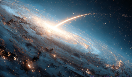A breathtaking cosmic scene showing a bright hypervelocity star being slingshotted out of the dense, luminous core of a spiral galaxy. The star leaves behind a glowing plasma trail, bending space around it as it accelerates. The galactic core is rich with swirling gas, dust, and other stars, while distant spiral arms arc into the darkness. Background filled with starfields, interstellar clouds, and a sense of dynamic motion and power. Cinematic composition, high contrast lighting, astrophotography realism.