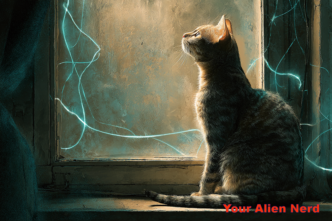 A cat sitting on a windowsill, gazing into the distance as if anticipating someone’s return, soft light, surreal atmosphere, subtle glowing lines representing unseen connections.