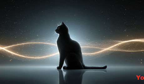 A sleek black cat sits silhouetted against a soft, glowing spiral of light stretching horizontally, subtle echoes of the cat’s form appear before and behind it along the spiral, symbolizing past and future, minimal sacred geometry elements subtly woven into the background, soft starlit sky with faint constellations, elegant and clean composition, mystical and timeless mood,