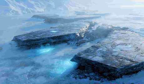 Ancient alien ruins partially exposed beneath a cracked Antarctic ice sheet, massive geometric structures made of dark, otherworldly materials with glowing runes and unnatural angles, eerie bluish light filtering through translucent ice, jagged glaciers and snow-covered terrain in the background, a sense of vast scale and mystery, subtle signs of alien technology fused with ice, cinematic and atmospheric, high-detail science-fantasy realism.