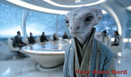 An Eben alien diplomat standing in a serene interstellar chamber, softly glowing with ambient blue light, surrounded by translucent technology and minimalist architecture. The Eben is short, with grayish skin, large black eyes, and a serene expression. It wears ceremonial robes with subtle geometric patterns. In the background: a starfield visible through a curved observation window, and a human delegation seated across a sleek, semi-organic table.