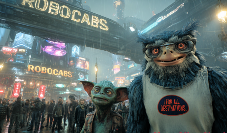 A vast, futuristic interstellar spaceport beneath a towering, mist-filled ceiling that drizzles a faint indoor rain. The structure is massive and worn, with flickering neon signs in alien alphabets and aging metal surfaces. Holographic billboards shimmer erratically above the bustling crowd of alien travelers from thousands of worlds. In the foreground: a small, 3-foot-tall greenish humanoid with red eyes, vaguely Yoda-like, alert and focused (Twiglet), standing beside an 8-foot-tall figure (Uful’lan) covered in dark blue-black fur, wearing round, frameless glasses and a garish souvenir T-shirt that reads “MY CLONE WENT TO NEW XANADU AND I ONLY GOT THIS LOUSY T-SHIRT.” Uful’lan has large, majestic eagle-like wings folded behind him. The crowd parts instinctively as they pass, intimidated by his towering figure. A massive holoscreen above reads: “ROBOCABS FOR ALL DESTINATIONS.”