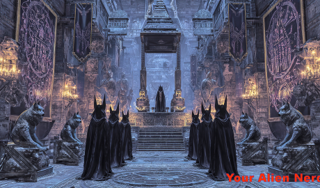 Underground occult temple hidden in a futuristic city, vast stone hall with gothic architecture and torch-lit shadows, banners with arcane symbols and kabbalistic patterns, statues of Anubis, Kali, and Emperor Nero, a black granite altar flanked by wolf and panther idols, hooded figures chanting in a trance, a masked high priest wielding a claw-shaped dagger, eerie child sacrifice with glowing synthetic heart, crowd of young initiates in wolf hoods throwing them into the air, cyber-gothic ambiance.