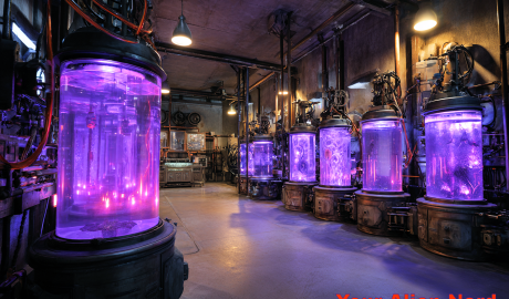 Underground science-fantasy laboratory, glowing violet stasis tanks lining the walls, each tank contains mysterious humanoid forms suspended in shimmering liquid, flickering arcane symbols on metal panels, a mix of high-tech biotech and ancient alchemical design, dim ambient lighting, shadowy corners, strange machinery with blinking lights and copper tubing, atmosphere of secrecy and dread.