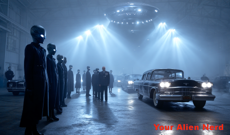 A dramatic 1950s military hangar scene at night, with President Dwight D. Eisenhower standing under bright floodlights, flanked by U.S. military officers in dress uniforms. Across from him, tall humanoid alien beings with glowing eyes and Nordic features, wearing sleek metallic robes. The setting is eerie and cinematic, with fog on the runway and a classic 1950s black limousine nearby. A flying saucer glows in the background with soft, bluish light.
