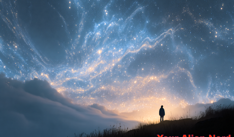 A lone stargazer standing on a hill at night, gazing up at a surreal, shifting sky where constellations appear to morph and realign in real time, trails of starlight bending unnaturally, a dreamlike atmosphere with faint cosmic glitches in the sky, soft moonlight casting shadows, subtle glow around the observer, ethereal and mysterious.