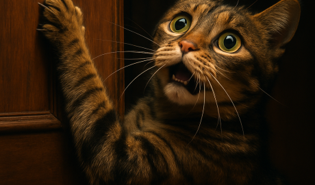A wide-eyed cat pawing at a door with dramatic flair.