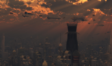 A stormy view of New Xanadu, the capital of the galactic empire.