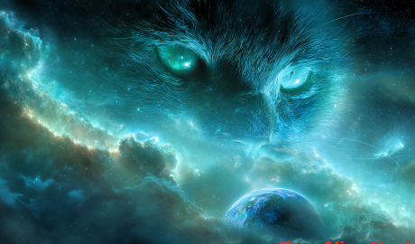 A surreal cosmic scene depicting a vast cat-shaped nebula made of luminous interstellar gas and dust, its glowing eyes and subtle feline outline emerging from the stars. Below, a small, fragile Earth floats in the cosmic void, bathed in soft blue light. The cat nebula gazes down as if protectively—or indifferently—watching over the planet. Ethereal atmosphere, rich color gradients (violet, indigo, turquoise), detailed galactic textures, cinematic lighting, highly realistic astrophotography style.