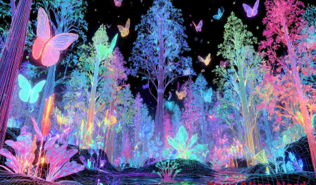A surreal digital forest representing cyberspace, with impossibly tall glowing trees shifting colors--pink, green, blue, yellow. Floating among them: a translucent beetle avatar, shimmering data-creatures like multicolored birds, iridescent insects, and snake-like reptiles with glowing circuit patterns. In the distance: a colossal tree radiating magnetic energy, with sprouting branches where message-birds land and vanish. Scattered below: wireframe fields, carmine lakes, violet-lit mesh networks, and ghostly golden obelisks.