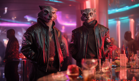 Two humanoid werewolves — tall, broad-shouldered, with wolf-like eyes and slightly elongated features, but otherwise human in form — dressed in sleek, futuristic jackets — standing ominously in a neon-lit alien lounge — the room glows with pulsating lights in purple, teal, and crimson — strange alien drinks with glowing liquid and bizarre glassware on the tables — diverse alien patrons looking uneasy.