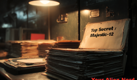 A dimly lit government archive room, stacks of aging documents labeled “Top Secret / Majestic-12,” one folder open under a desk lamp. In the shadows, a faint outline of a UFO reflected in polished metal.
