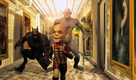 Twiglet running from the werewolves at the Nine Wonders sex club.