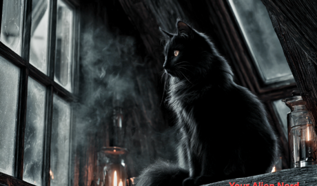 An elegant black witch’s cat perched on a crooked windowsill under a moonlit sky, eyes glowing with supernatural intelligence. Mist swirls around its silhouette as faint magical sigils shimmer in the air. Gothic wooden beams, candles flickering inside the room, soft moonlight casting dramatic shadows.