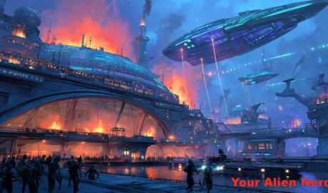 Futuristic rooftop evacuation scene on a burning megastructure at night, intense fire spreading across the rooftop of a massive alien casino complex, smoke and flames billowing into an artificial atmosphere with no wind, terrified crowd of multi-species aliens (humanoids, tentacled beings, reptilians) rushing toward bulky rescue shuttles and police transports, one shuttle marked with imperial police insignia under siege, robocops firing into the crowd, sparks flying, glowing emergency lights, a huge winged alien (k’rell) crashes down onto the cops from above, dramatic lighting, cinematic chaos, fiery skies, a tired human with a stun gun helps a wounded synth girl and small alien children onto the shuttle, dramatic sci-fi, gritty realism, cinematic.