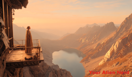 A close-up of a high mountain balcony at sunset, part of a stark, minimalist mansion perched on a cliff — vast rocky peaks in the background, golden-orange light reflecting off a distant alpine lake — a woman stands on the balcony, holding a wool shawl to her chest, gazing solemnly at the horizon — she is fresh-faced, simply dressed, no jewelry except a modest necklace of semi-precious stones — atmosphere of stillness and solitude.