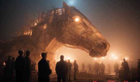 A mythic, symbolic scene depicting a Trojan Horse reimagined as a UFO-shaped construct: a smooth, enigmatic craft-like form made of wood, symbols, and starlight rather than metal, standing at the gates of a human city. The structure is hollow, subtly glowing from within, filled not with soldiers but with floating questions, archetypal symbols, masks, and shifting lights. Onlookers welcome it with curiosity and awe, unaware of its true nature. The atmosphere is dreamlike and allegorical, blending ancient myth with cosmic imagery.