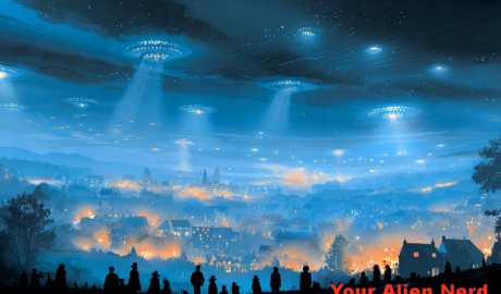 A symbolic, cinematic illustration of UFO waves mirroring human cultural stress: a vast night sky layered with multiple eras fading into one another — medieval villages, Cold War cities, and modern urban skylines blending seamlessly. Above them, recurring anomalous lights and shapes appear in different forms: fairy lights over fields, classic flying saucers, and modern glowing orbs, all aligned along a wave-like arc. Below, human figures from different eras look up in fear, awe, and confusion.