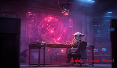 A cinematic science-fiction scene inside a dimly lit alien research office: a small non-human scientist, resembling a young female version of the Star Wars character Yoda, seated at a sleek desk, illuminated by a floating holographic galaxy map filled with glowing probability nodes and red crisis hotspots. An AI probe with a single red eye projects shifting data and timelines. In the hologram, only a few worlds burn bright while others fade into darkness. The atmosphere is tense and ominous, suggesting an approaching catastrophe. In the background, faint reflections hint at betrayal and hidden identities.