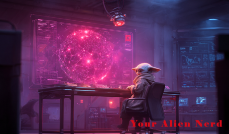 A cinematic science-fiction scene inside a dimly lit alien research office: a small non-human scientist, resembling a young female version of the Star Wars character Yoda, seated at a sleek desk, illuminated by a floating holographic galaxy map filled with glowing probability nodes and red crisis hotspots. An AI probe with a single red eye projects shifting data and timelines. In the hologram, only a few worlds burn bright while others fade into darkness. The atmosphere is tense and ominous, suggesting an approaching catastrophe. In the background, faint reflections hint at betrayal and hidden identities.