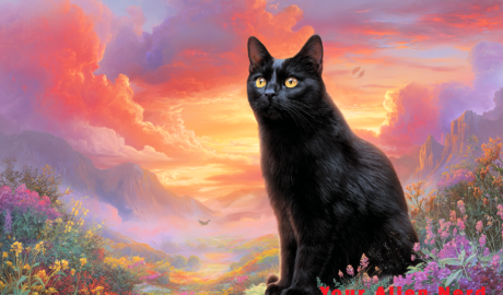 A beautiful, realistic black cat with yellow eyes in a fantastic, wonderful setting that could be a depiction of Heaven with lawns, hills, flowers, other cats and dogs in the background, and a sky at sunset.