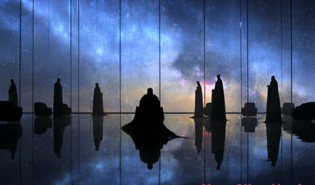 Empire Can Wait 12 psp – YOUR ALIEN NERD A vast futuristic palace lounge at night, minimalist and elegant, with a floor-to-ceiling crystal wall overlooking a luminous galactic skyline. The Milky Way arcs across the sky. In the foreground, a powerful chancellor sits in silhouette, back to the viewer, framed against the galaxy. His outline is sharp and regal, but ambiguous. Around him stand several elongated shadowy figures subtly wolf-like in posture, distorted silhouettes with faint clawed shapes, barely visible in the darkness. No explicit gore. A single red glow reflected in the glass wall, like burning eyes watching from within the reflection. Atmosphere ritualistic, conspiratorial, aristocratic menace.