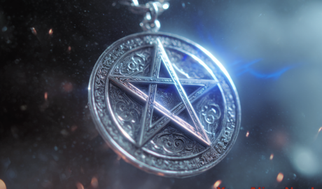 Extreme close-up of a sterling silver pentacle pendant from an alien world (Pollux IV), five-pointed star finely engraved with ancient, barely visible glyphs, the metal emitting a faint inner bluish-silver glow, subtle radiant energy pulsing from the lines of the star, soft halo of light surrounding the pendant, tiny sparks of ethereal luminescence drifting around it.