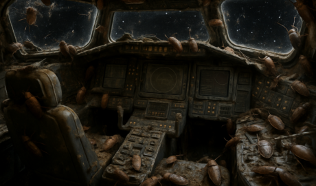 A realistic image of the cockpit of an interstellar spacecraft covered with filthy, disgusting bugs. Deep space is visible through the windows.