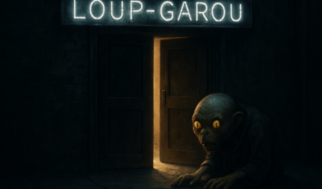 Werewolf crouched at a doorway in a dark scene, glowing yellow eyes fixed forward as a neon sign above reads LOU-P-GAROU.