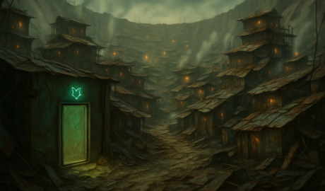 A sprawling alien shantytown built from scrap metal and unev – YOUR ALIEN NERD A gloomy, narrow valley of wooden towers with glowing windows; a green-lit door in the foreground emits eerie light.