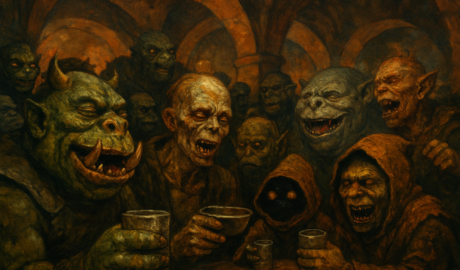 A tavern scene with goblin and orc-like creatures toasting with mugs in a warm, orange-lit room.
