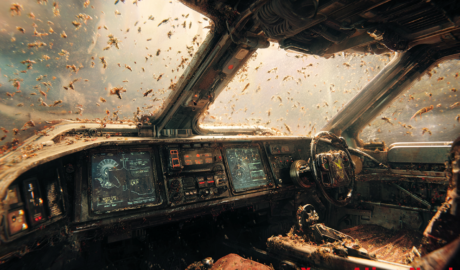 Aranui Bugs 2 psp – YOUR ALIEN NERD Abandoned aircraft cockpit overwhelmed by a swarm of bees, with dusty dashboards and a battered steering wheel visible through the windows.