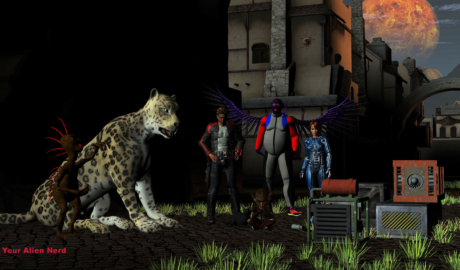 Dark street scene with a leopard-like alien, a winged purple-suited figure and two humans, plus scattered tech and equipment in the foreground, a fiery moon in the background.