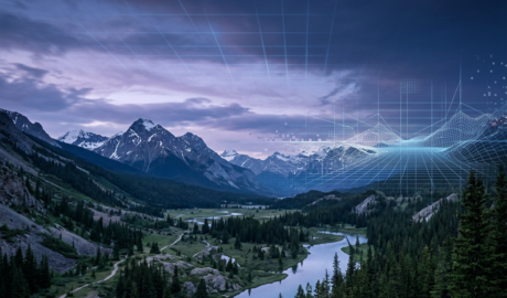Snow-capped mountain valley with river and blue digital grid overlay