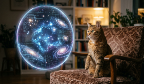 Cat sitting beside a glowing holographic cosmic map