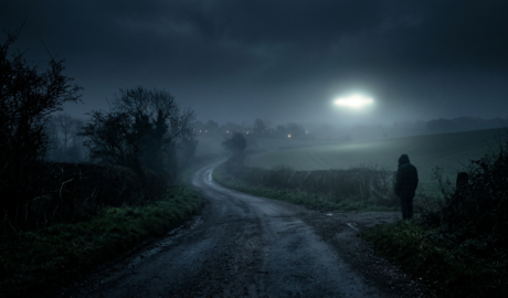 Lone figure beside a winding foggy country road under bright moonlight