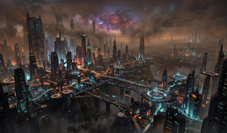 Futuristic city with towering skyscrapers, glowing roads, and a crescent moon