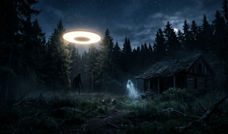Glowing ring above a forest cabin with a shadowy figure and ghost