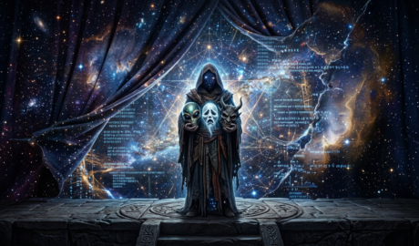 Hooded cosmic figure holding three supernatural masks before a starry portal